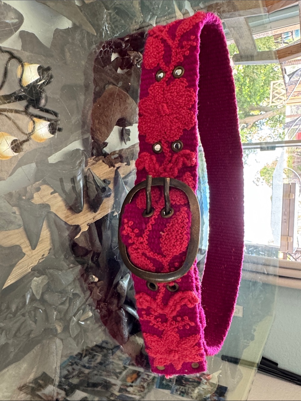 pistil Fuchsia Embroidered Wide Fabric Belt with Antique Buckle